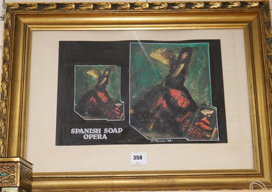 Pietro Psaier, mixed media, Spanish Soap Opera, signed and dated 72, 29 x 42cm